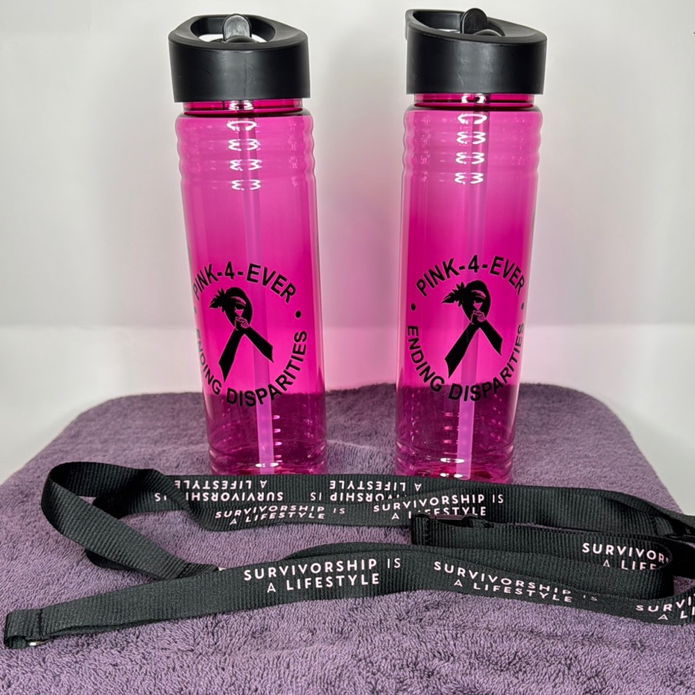 Breast cancer support Pink Water Bottles with Black Lanyards